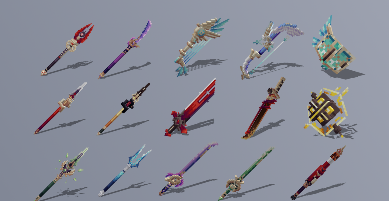 Разнообразие оружия в Teyvat Weapon Collection для Minecraft