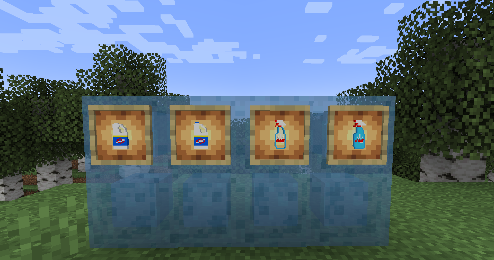 Игрок в Minecraft использует отбеливатель из мода The Bleach для защиты от криперов