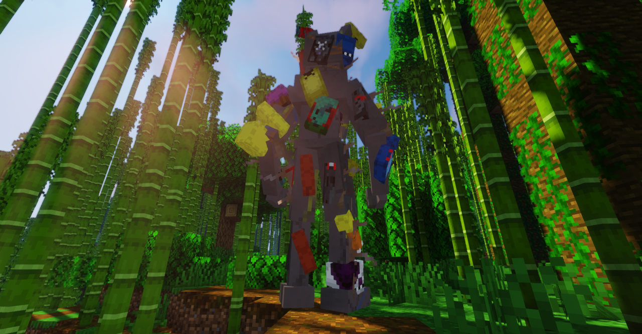 Скриншот Minecraft с текстурпаком The Fazbear Frights, показывающий жутких мобов и окружение
