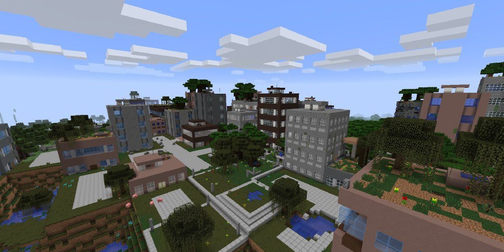 Игрок исследует разрушенный офисный небоскрёб в моде The Lost Cities для Minecraft