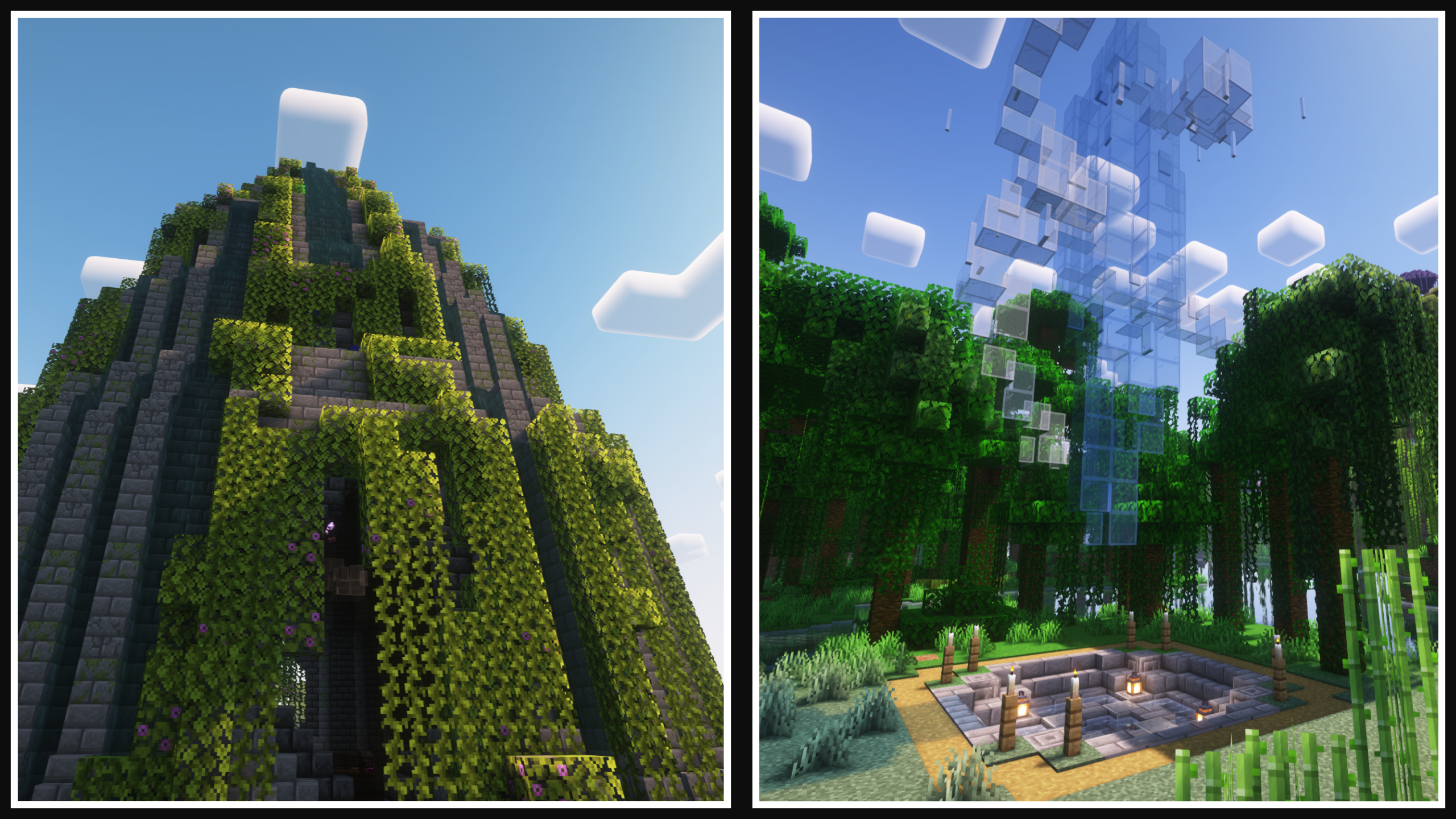 Итоговый скриншот Minecraft с красивым закатом и постройками игрока