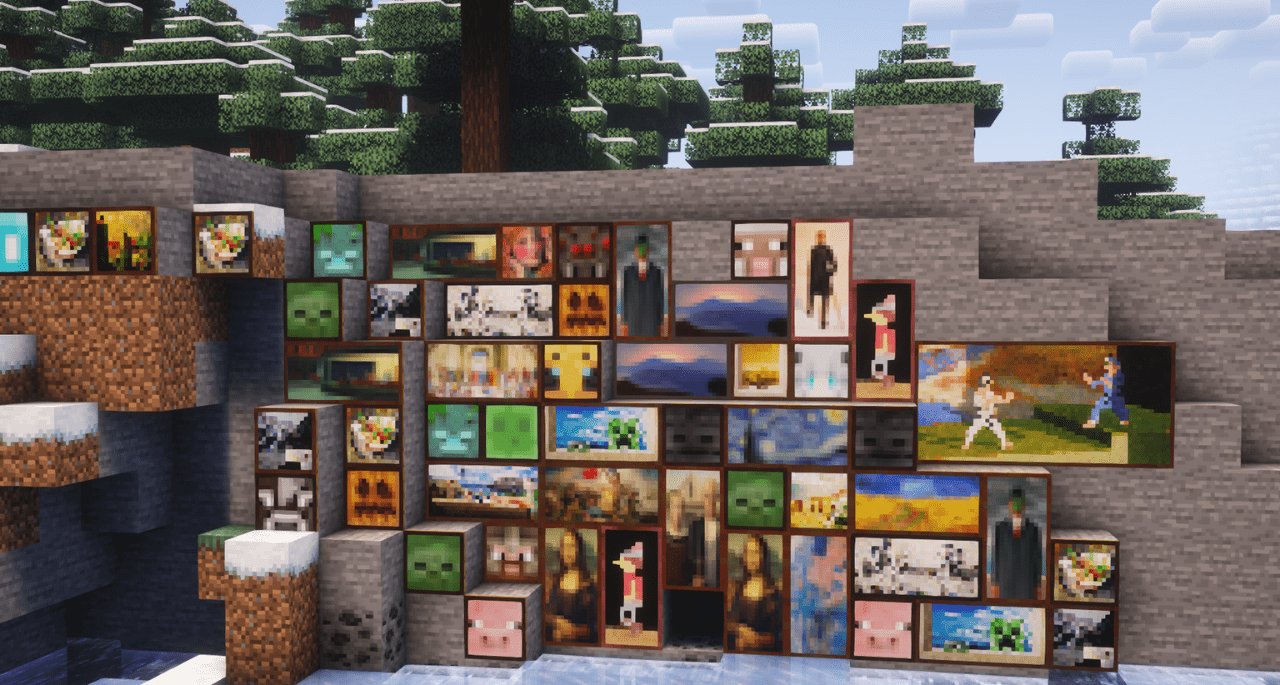 Сравнение стандартных картин Minecraft с новыми из мода Too Many Paintings