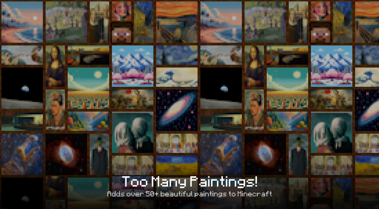 Примеры новых картин из мода Too Many Paintings в интерьере Minecraft
