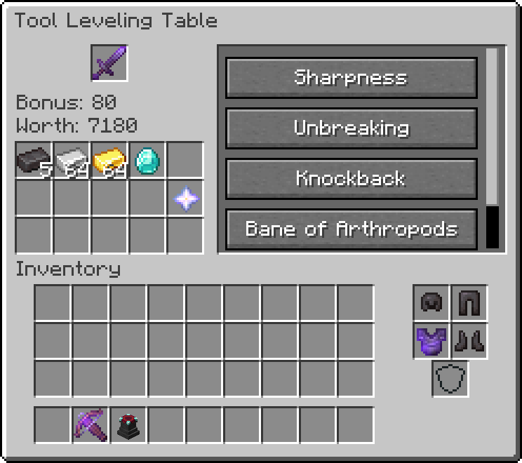 Интерфейс мода Tool Leveling+ для улучшения инструментов в Minecraft