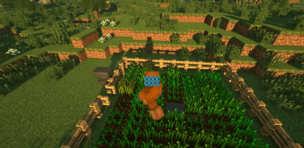 Пример работы мода Trample Stopper в Minecraft: игрок ходит по грядкам, но они остаются целыми