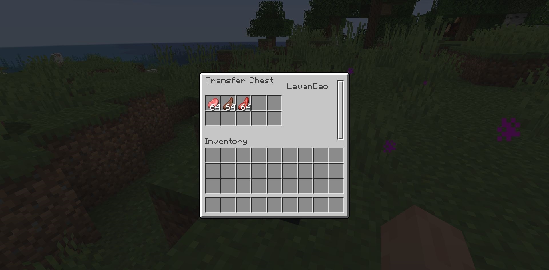 Пример интерфейса Transfer Chest в Minecraft с передачей алмазов и других ресурсов