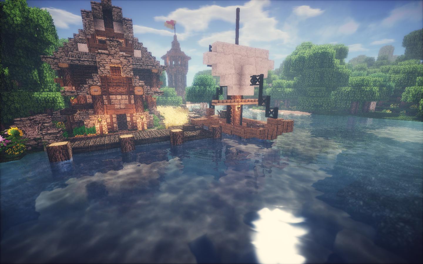 Деревня в Minecraft с шейдерами Triton, демонстрирующая атмосферное освещение