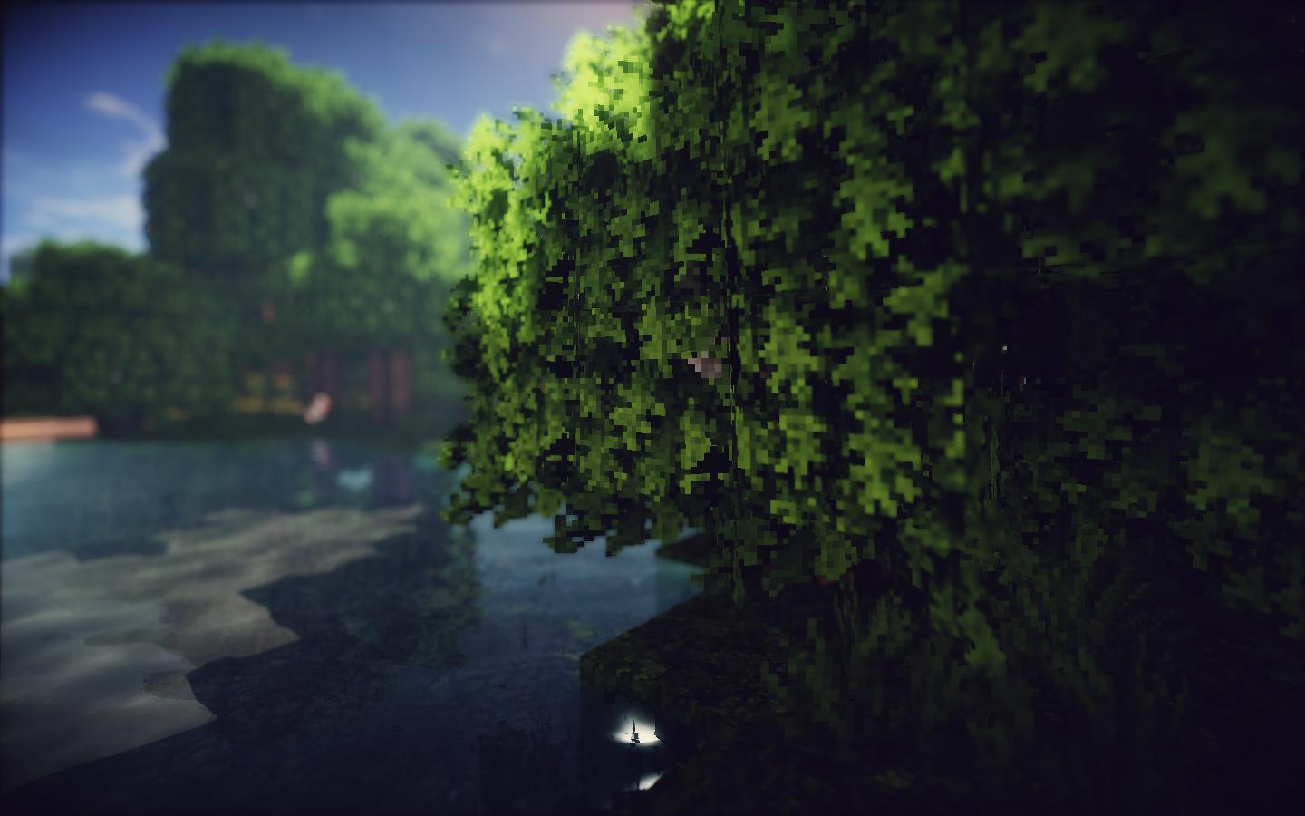 Ночной пейзаж в Minecraft с реалистичными тенями и световыми эффектами от шейдеров Triton