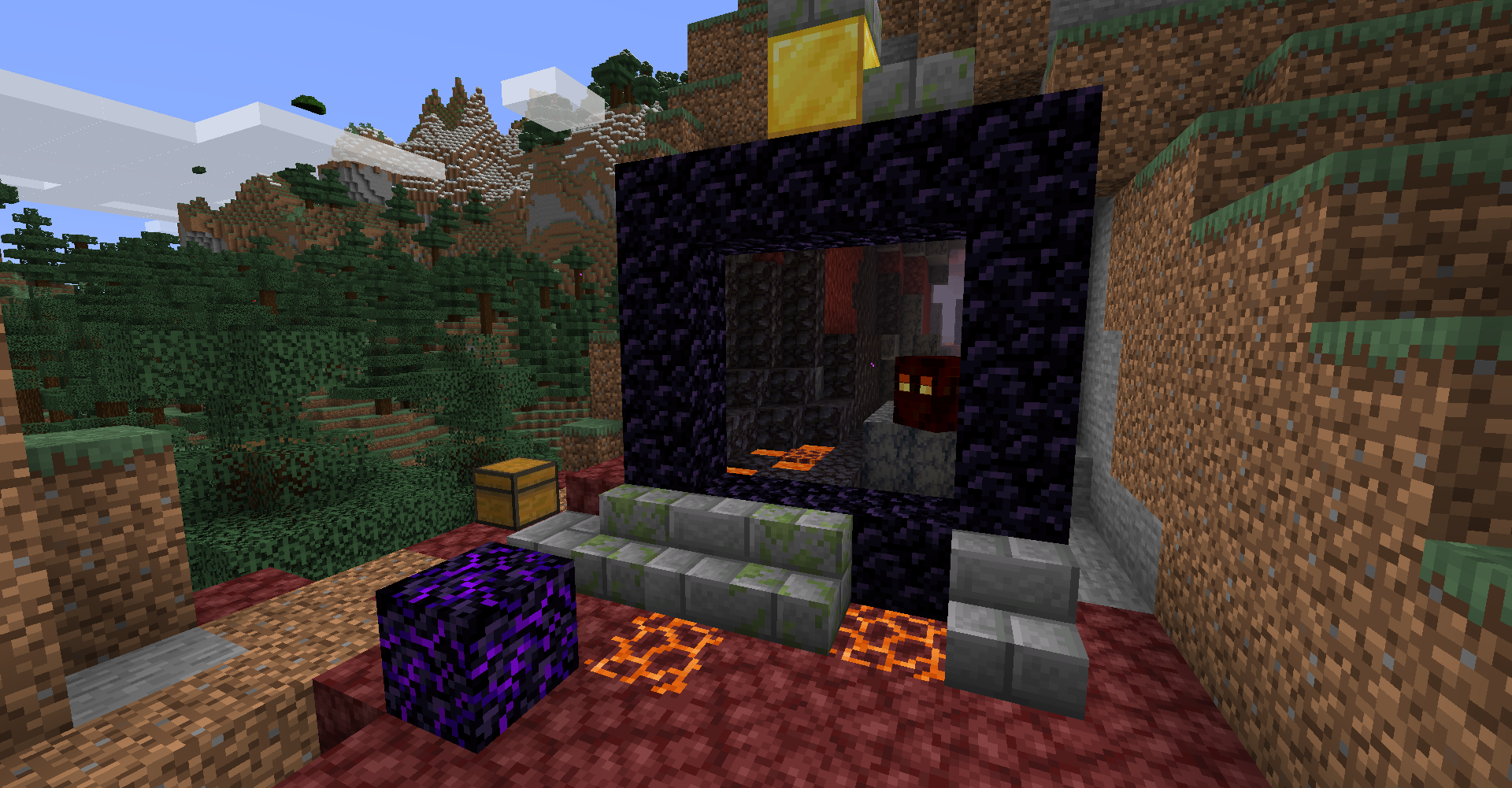 Закат в Minecraft над горами и лесом, создающий атмосферу уюта