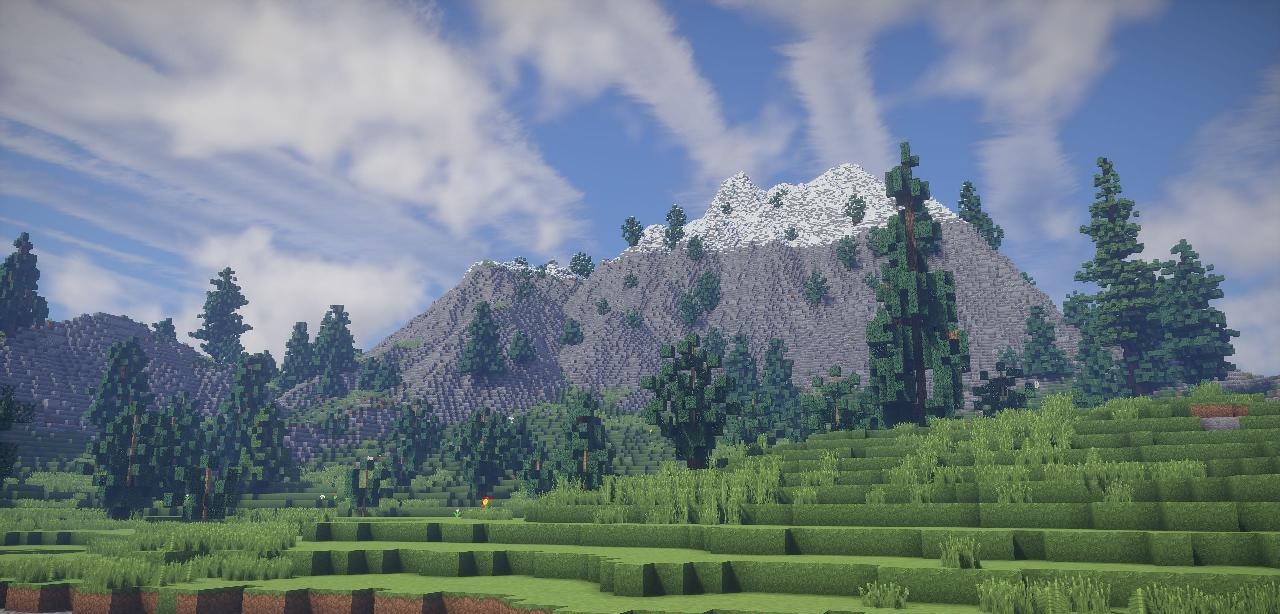 Горный биом в Minecraft с реалистичными текстурами, водопадами и растительностью