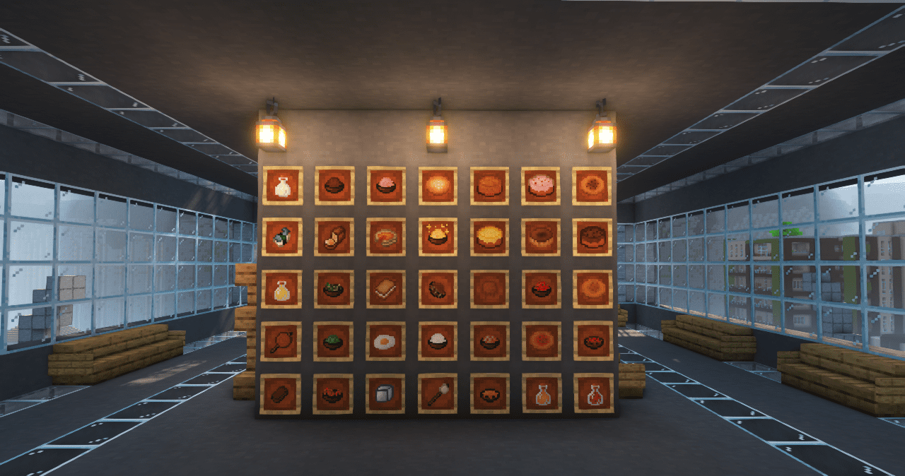 Игровой скриншот Useful Food Reborn: стол с приготовленными блюдами в Minecraft