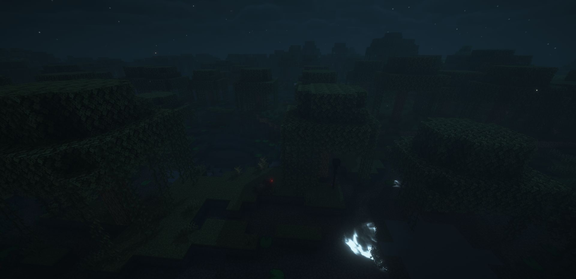 Vanilla Fireflies Mod - красивый ночной пейзаж со светлячками в лесу