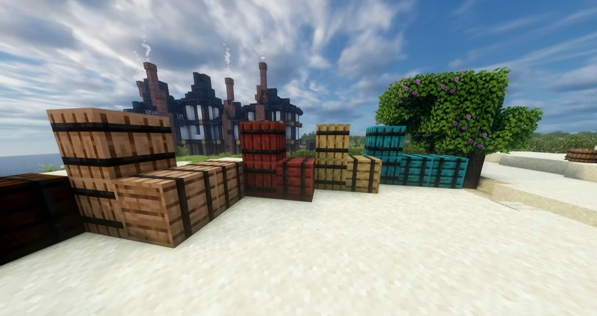 Интерьер склада с разнообразными бочками в Minecraft