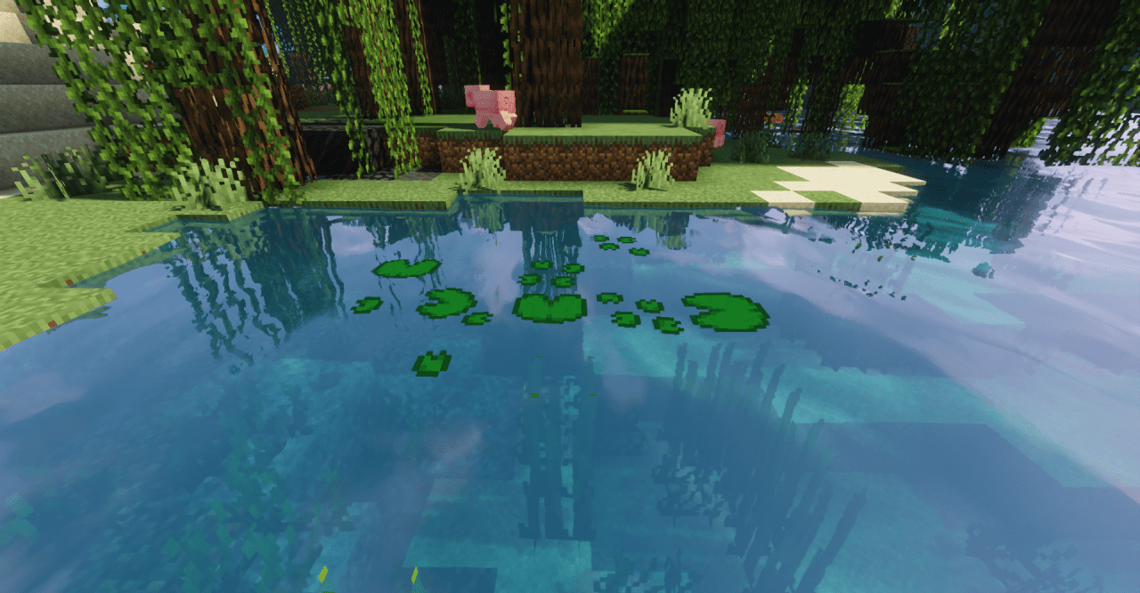 Пример использования текстур-пака Variated Lily Pads в болотном биоме Minecraft