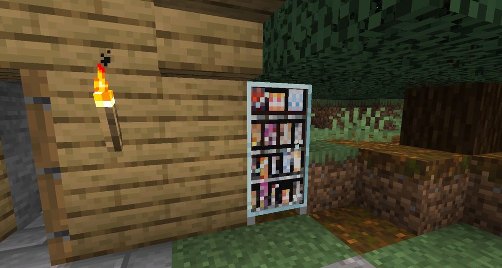 Деревня в Minecraft с торговым автоматом, где игрок покупает предметы
