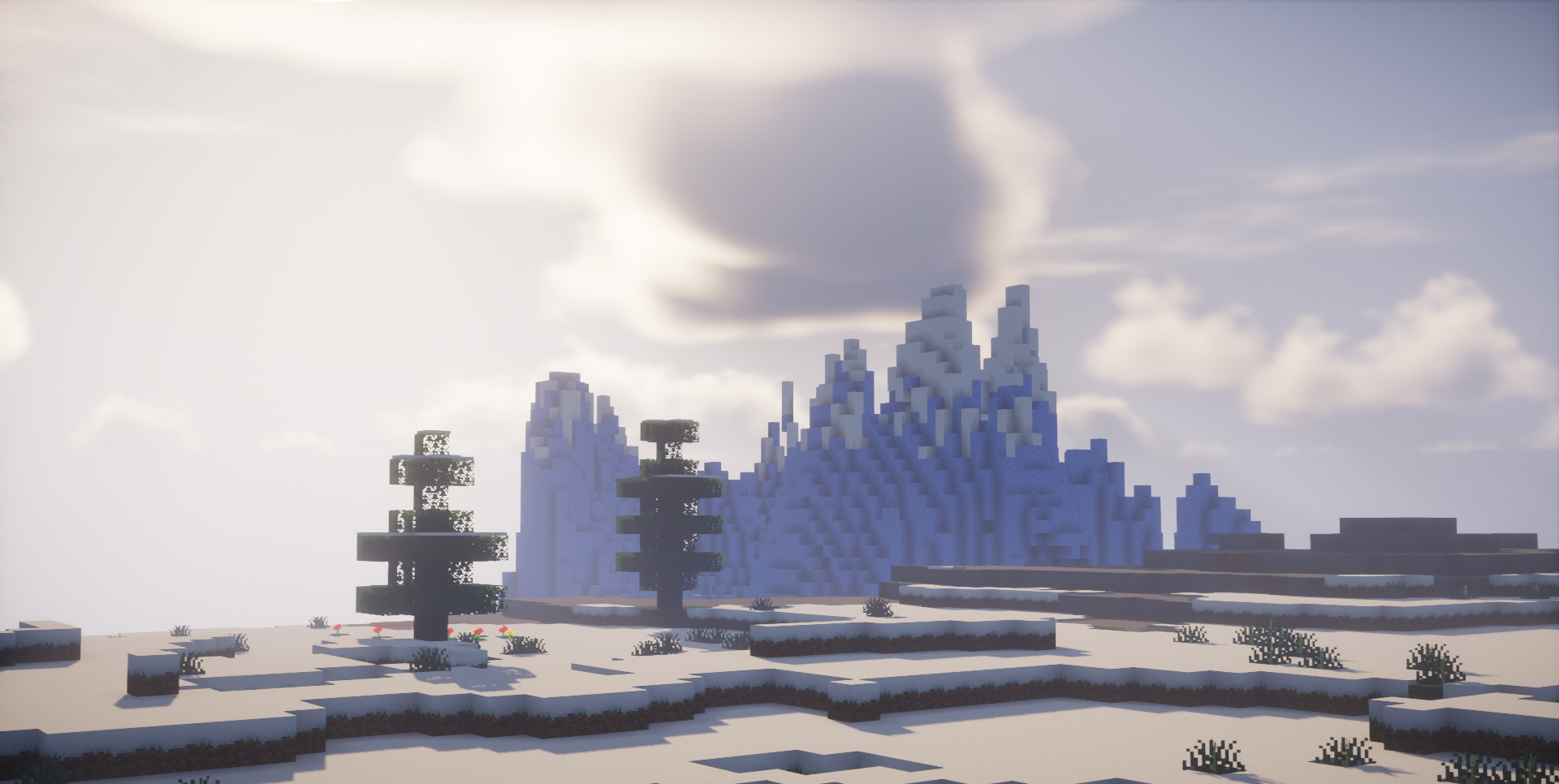 Красивый пейзаж в Minecraft с закатом и горным ландшафтом
