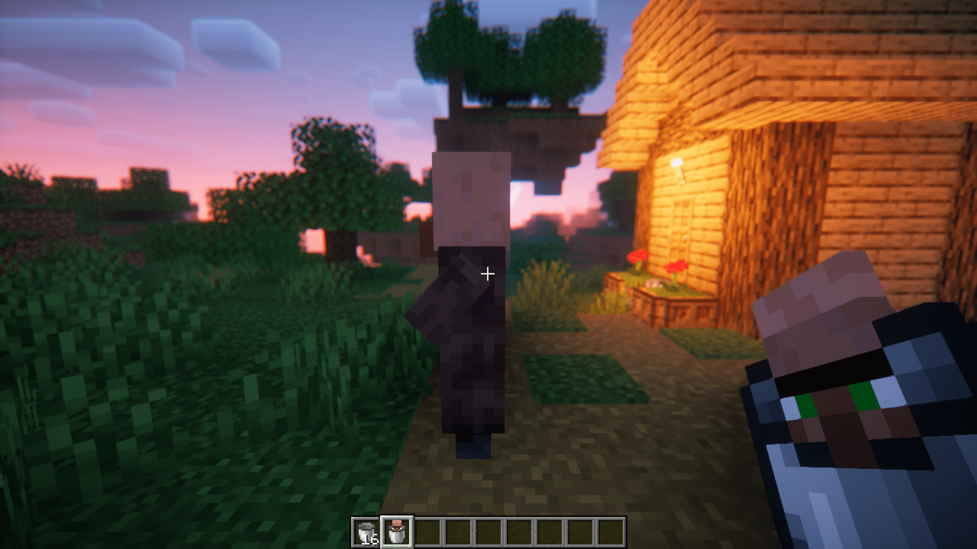 Житель деревни выходит из ведра после переноса в Minecraft