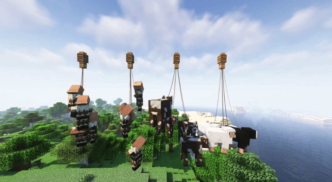 Игрок использует поводок, чтобы переместить жителя через реку в Minecraft