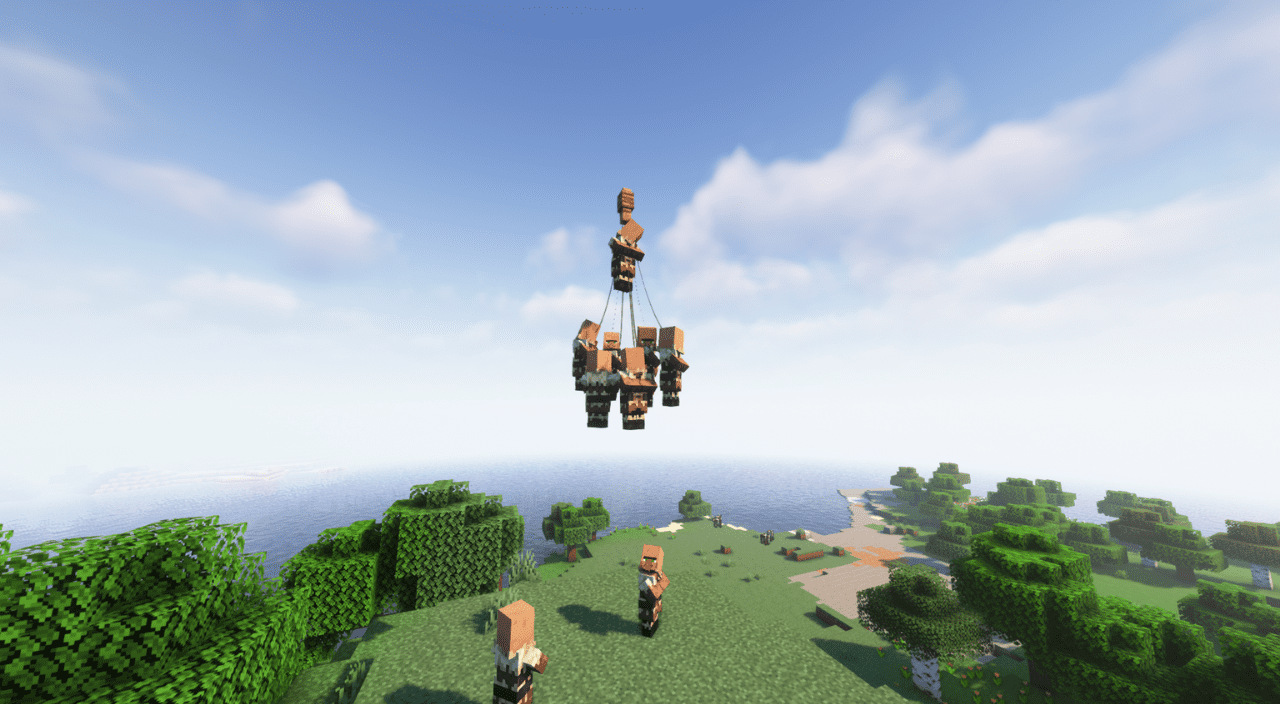 Игрок ведет нескольких жителей на поводке через лес в Minecraft