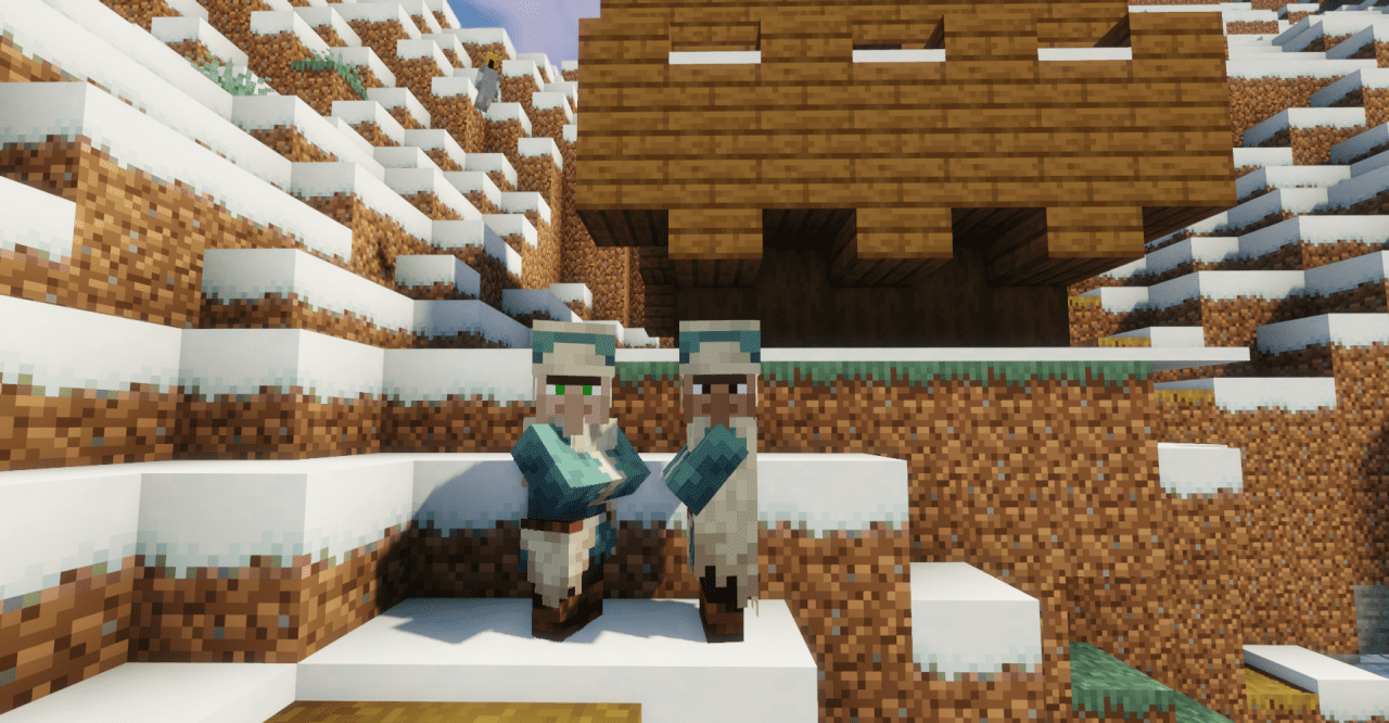 Торговый зал в деревне Minecraft с разными типами жителей