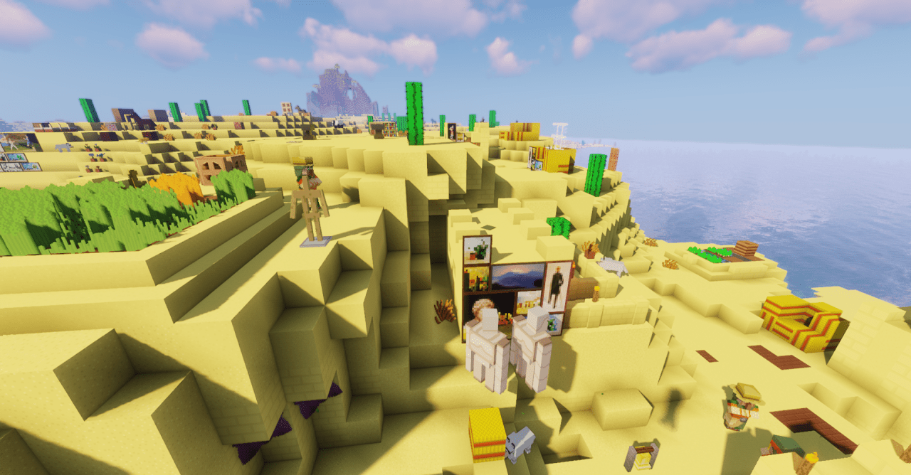 Скриншот Minecraft с текстур-паком Vis Mundus, демонстрирующий обновлённые блоки и ландшафт