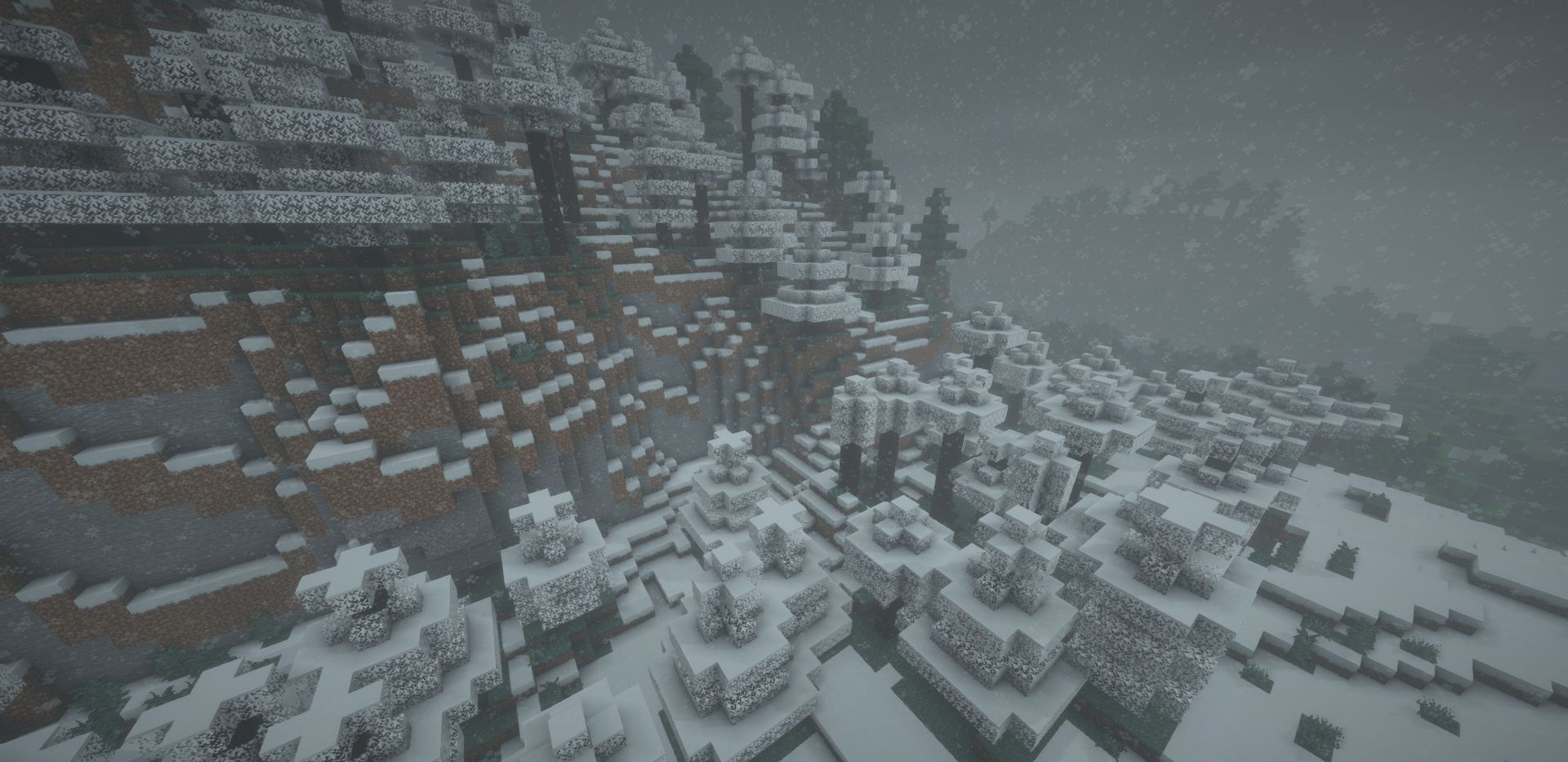 Эффект заснеженных листьев в разных биомах Minecraft с модом Visual Snowy Leaves