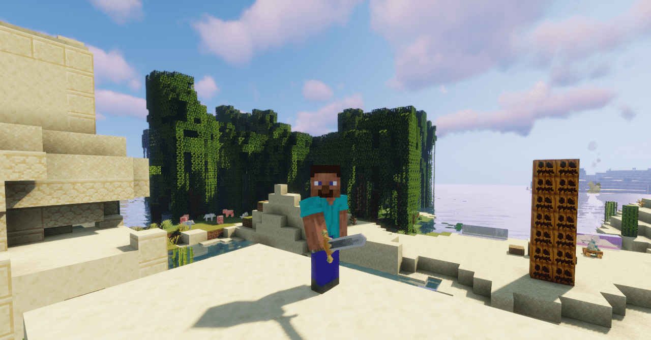 Игровой процесс с модифицированным незеритовым мечом в Minecraft