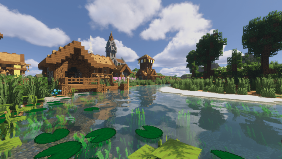 Ночной пейзаж в Minecraft с динамическим освещением от шейдеров