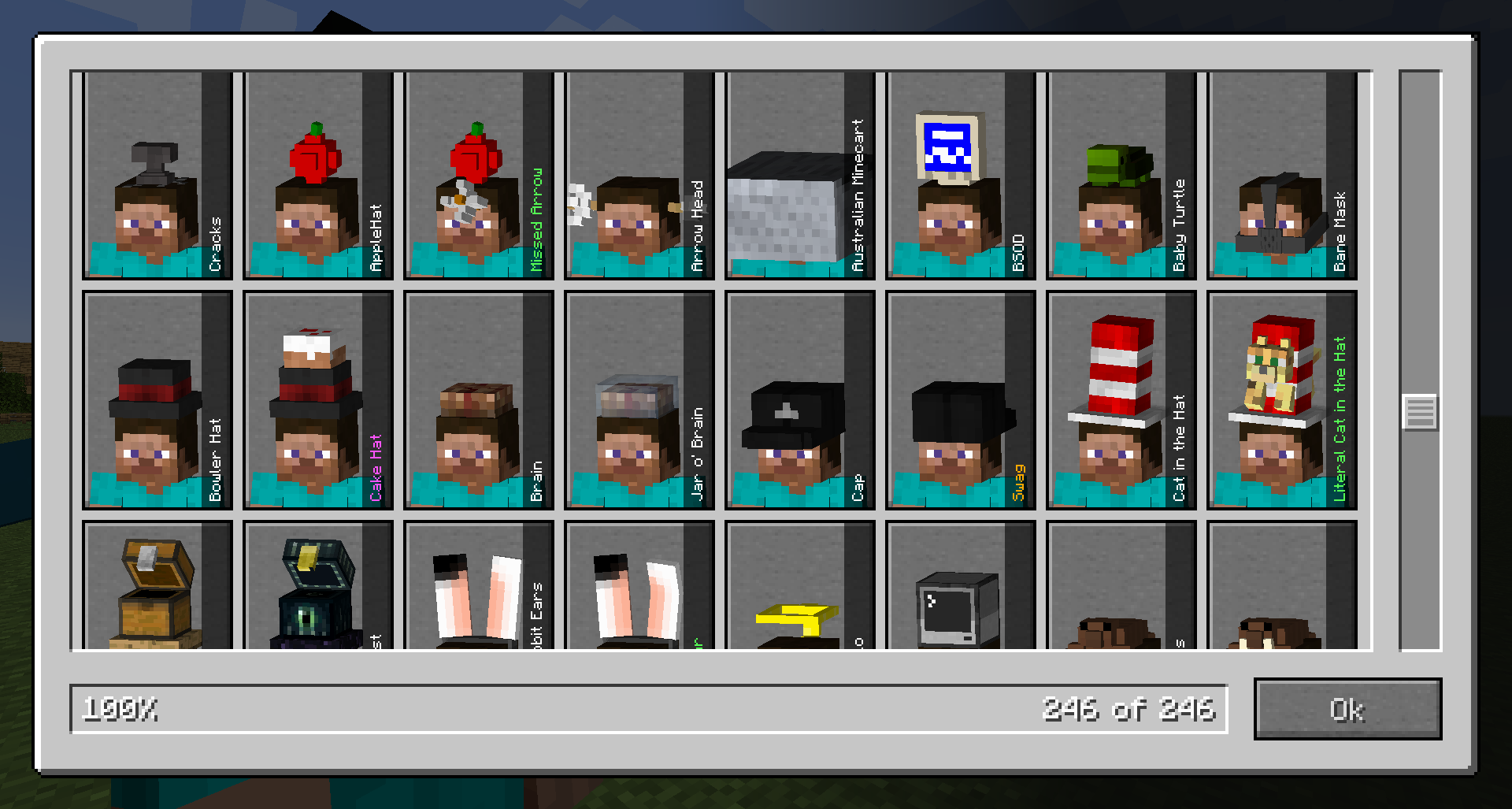 Пример использования шляп в моде Hats для персонажа Minecraft