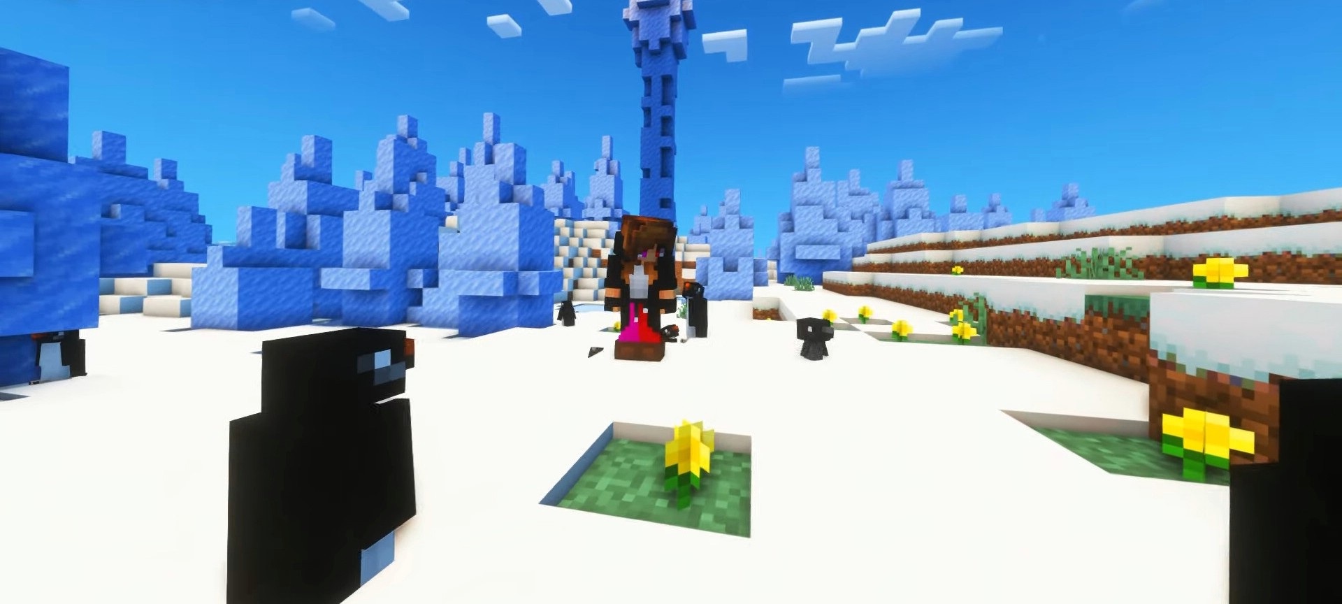 Игрок кормит пингвинов рыбой в моде Waddles для Minecraft