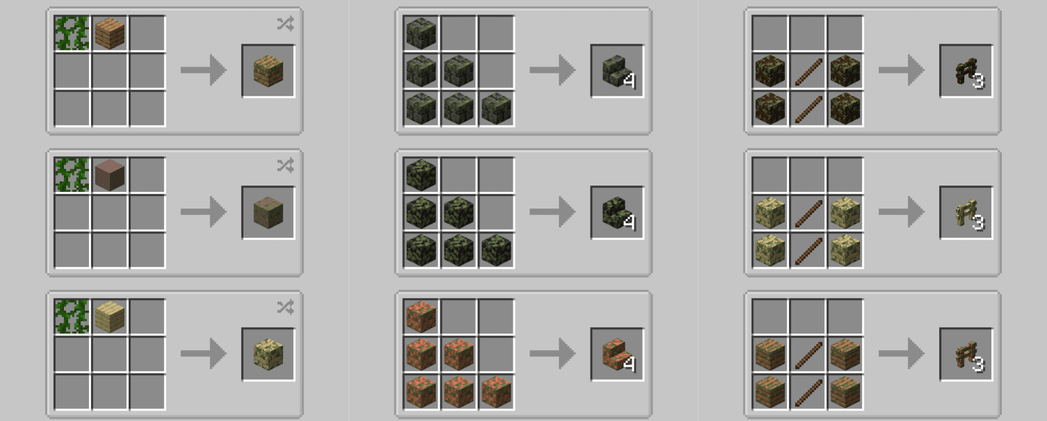 Подробные схемы крафта мшистых блоков в моде Waffle’s Moss