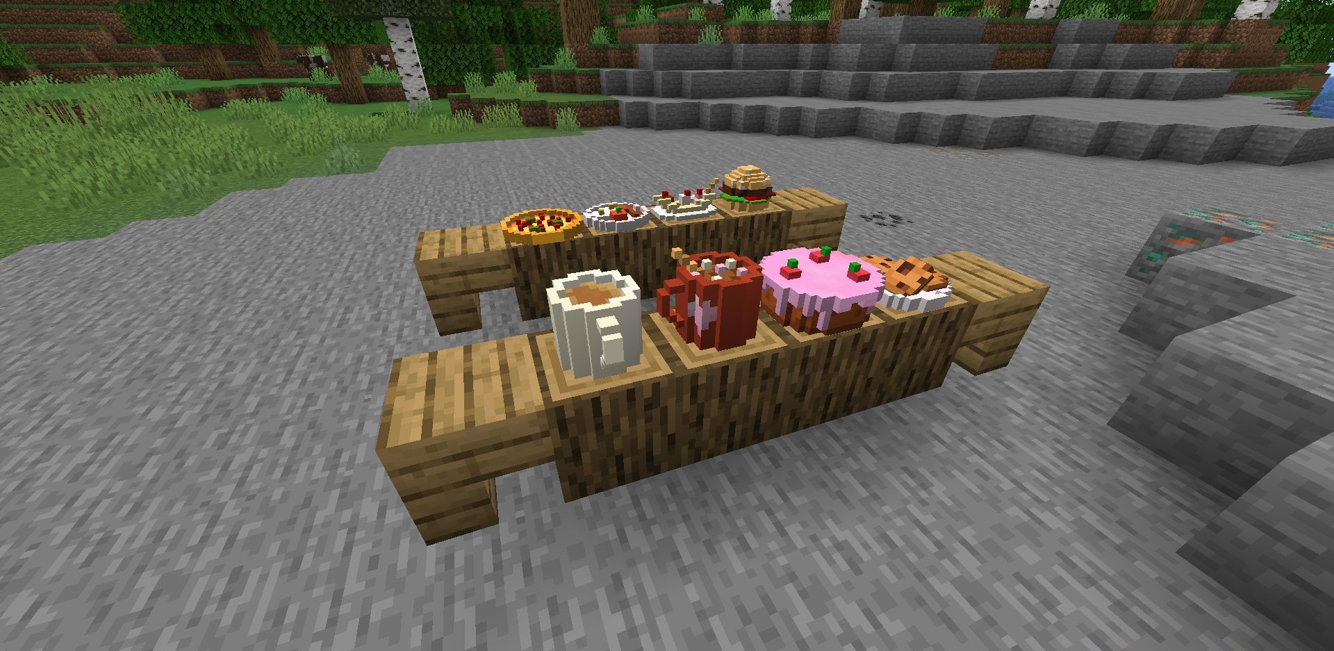Декоративная пицца и другие блюда из мода Waffle’s Placeable Foods в интерьере Minecraft