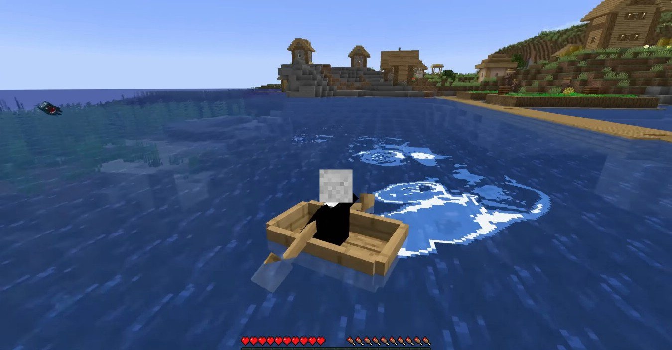 Скриншот Minecraft с модом Wakes, демонстрирующий следы от лодки на водной поверхности