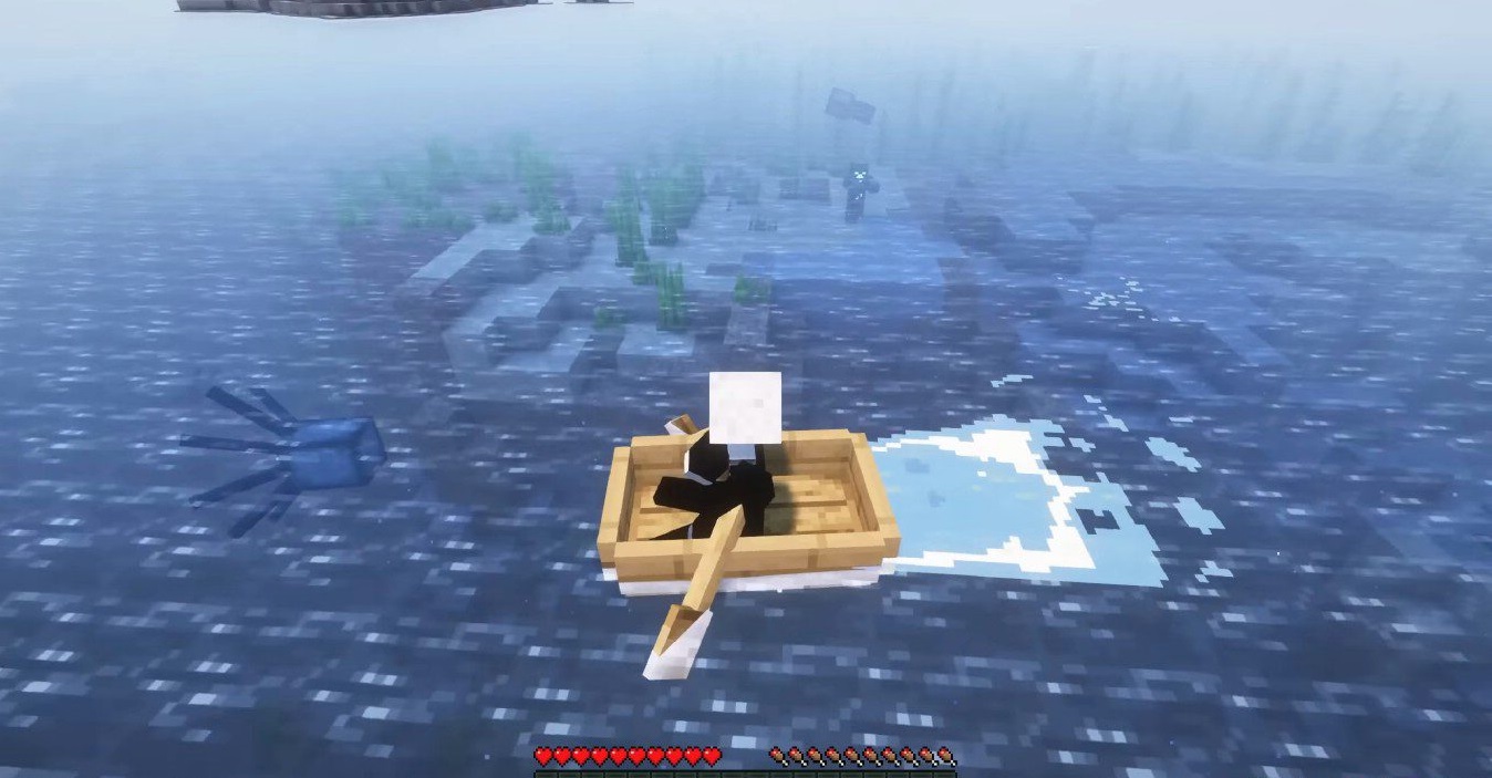 Геймплей Minecraft с модом Wakes, показывающий движение лодки по воде