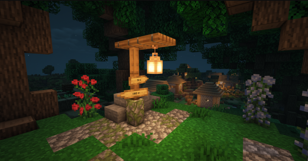 Деревянный указатель в лесу Minecraft с надписями 'Шахта', 'Дом' и 'Ферма'