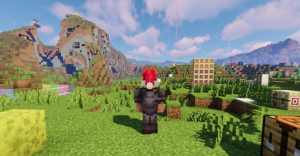 Группа игроков в рождественских шляпах на сервере Minecraft