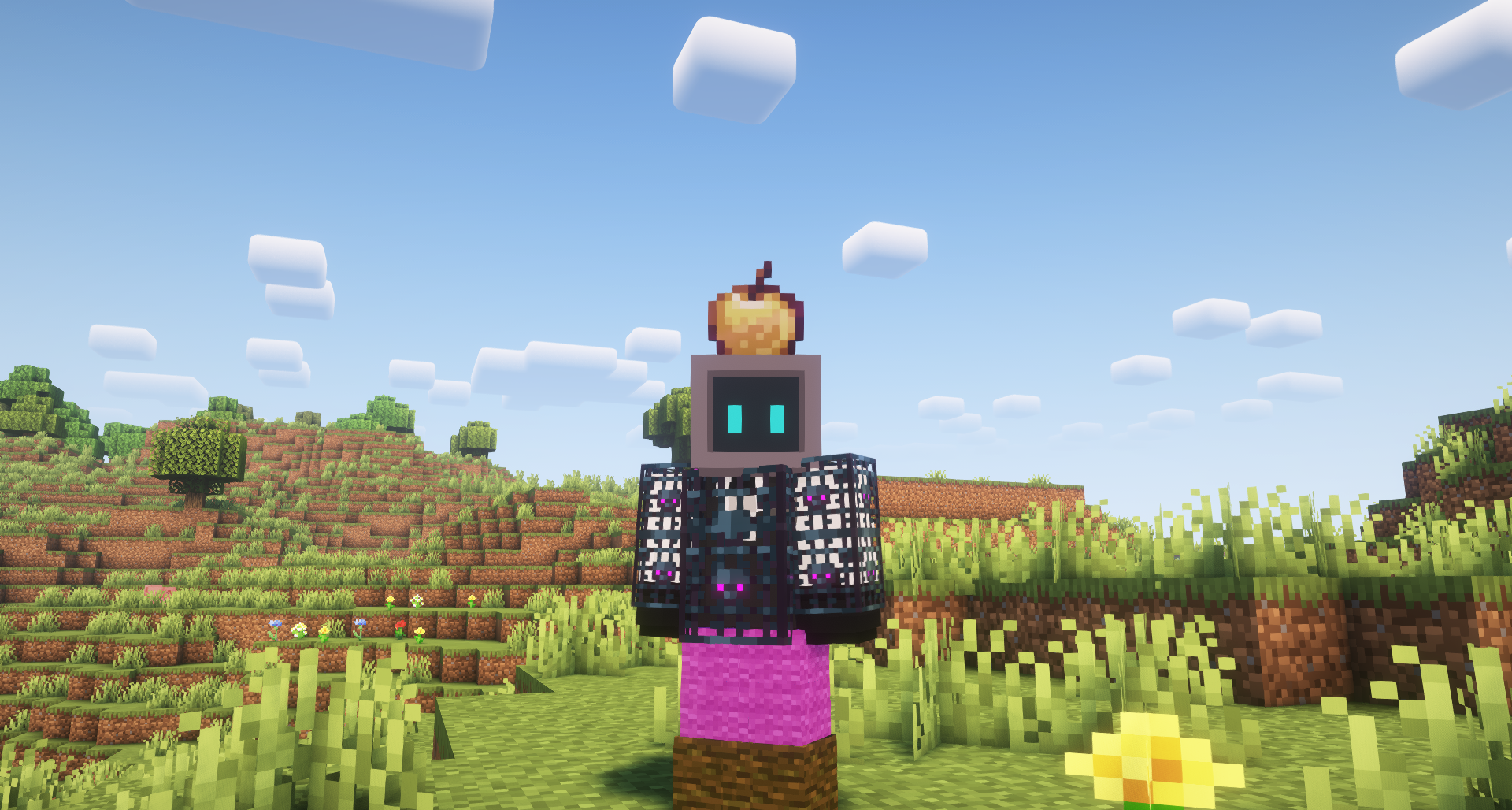 Демонстрация WearThat Mod: игрок с киркой на голове и мечом в руке