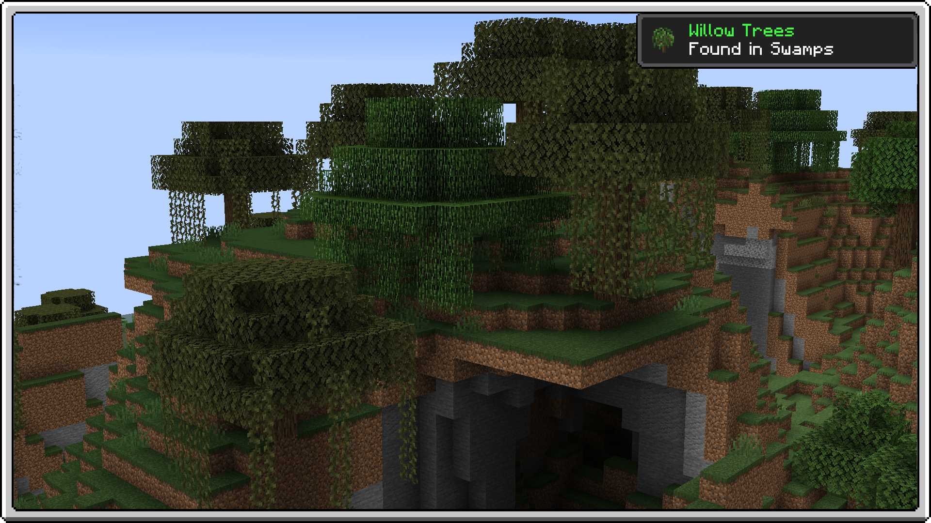 Пейзаж с ивовыми деревьями у водоёма в закатных лучах Minecraft