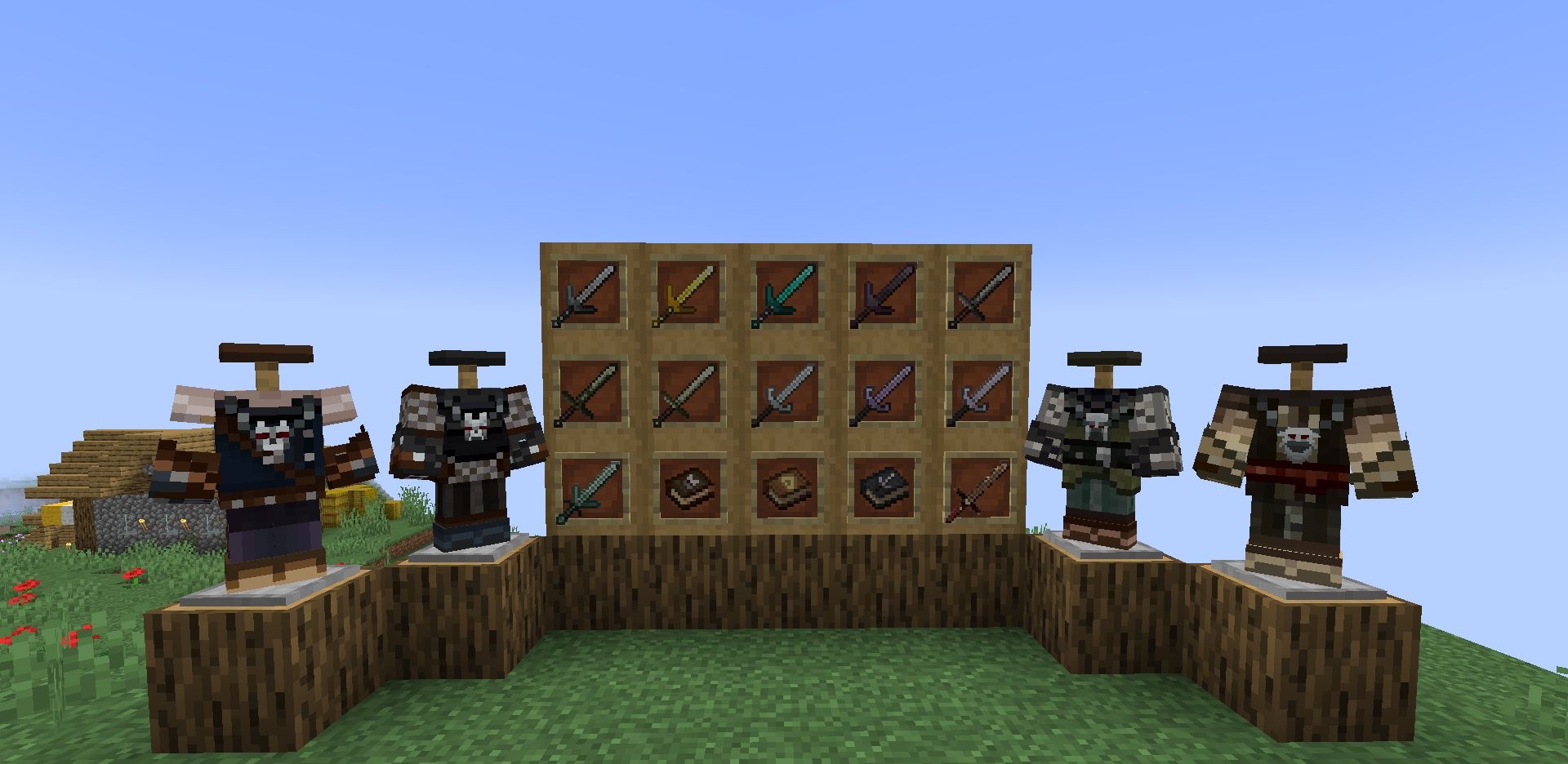 Ведьмак исследует локацию в Minecraft с мечом в руках