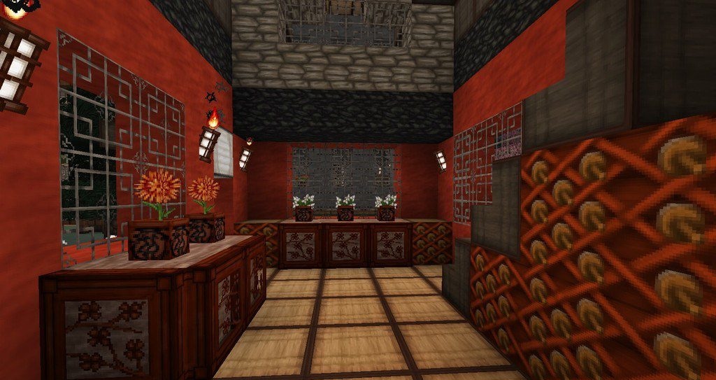 Интерьер в азиатском стиле в Minecraft с использованием текстурного пакета Wolfhound Asian