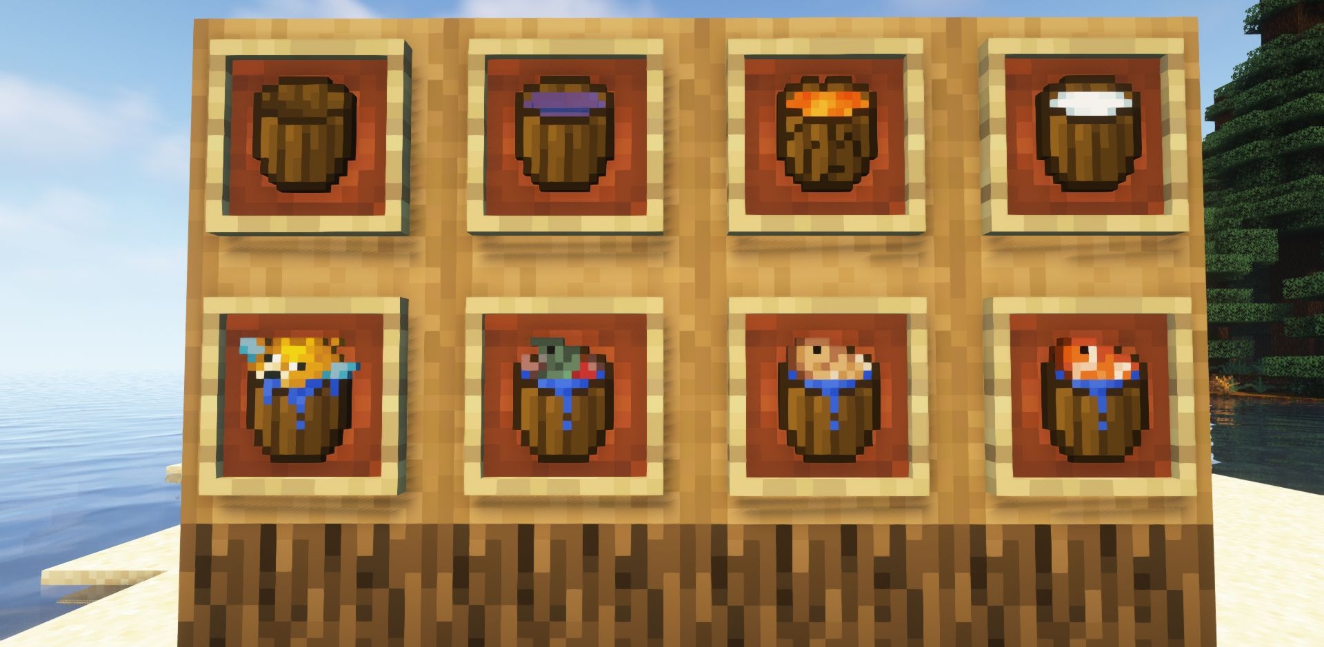 Игрок использует деревянное ведро для сбора воды в Minecraft