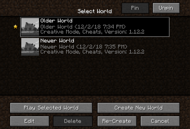 Меню управления сохранениями в Cherished Worlds для Minecraft