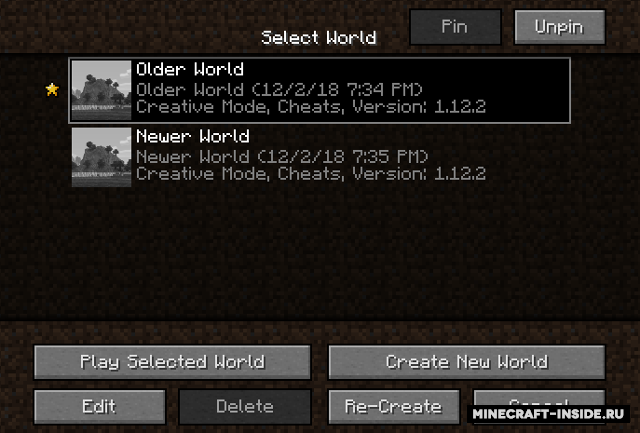 Папка mods в Minecraft с установленным Cherished Worlds