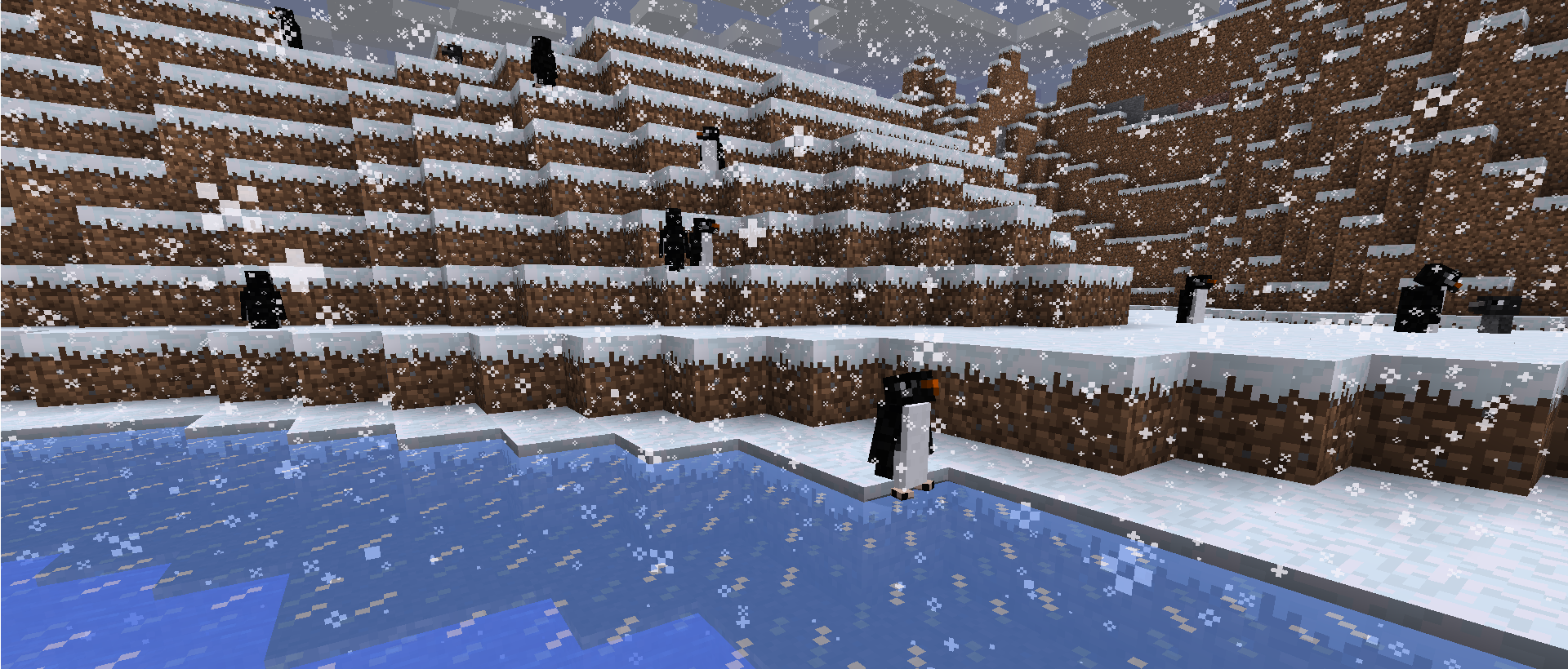 Игрок кормит пингвина рыбой в Minecraft