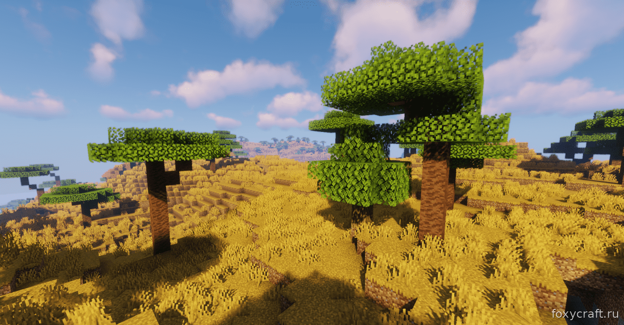 Скриншот Minecraft с текстур-паком Golden Savanna, показывающий золотые деревья и траву вблизи