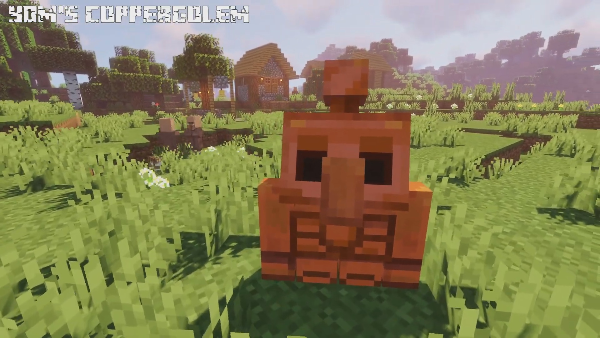 Игрок взаимодействует с медным големом в Minecraft
