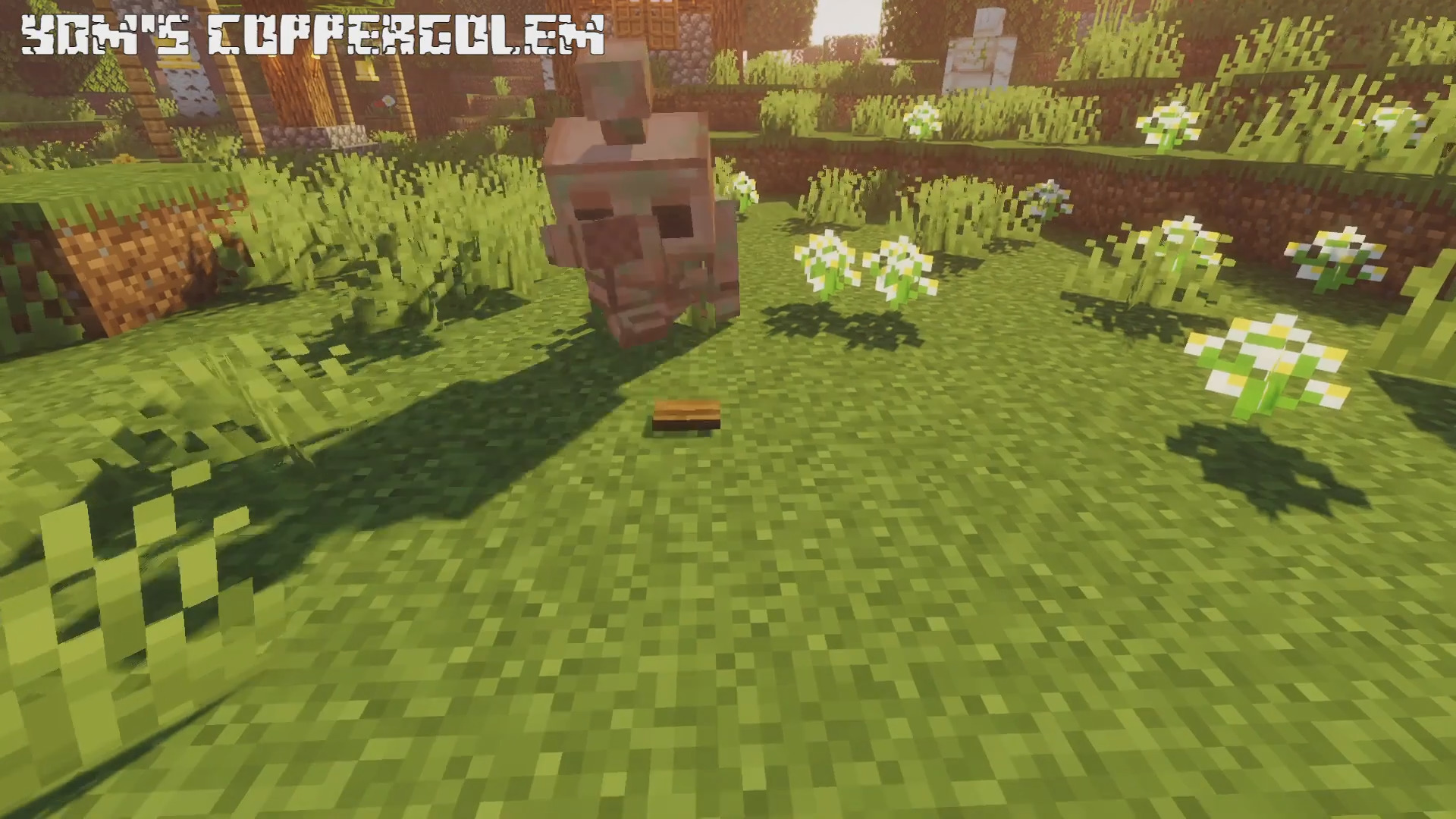 Медный голем нажимает кнопку в красном камне Minecraft