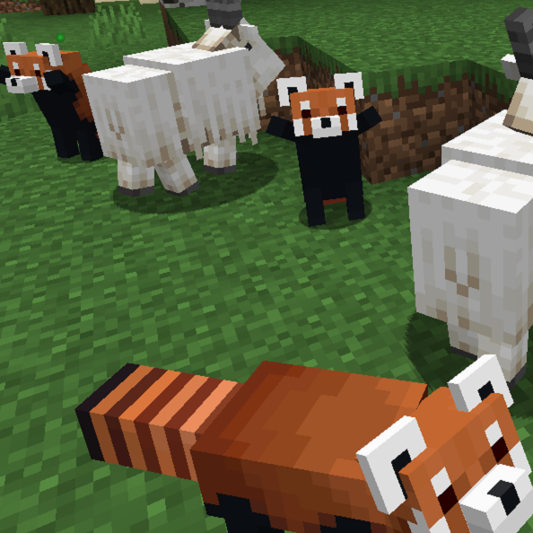 Красная панда в Minecraft карабкается по дереву с игривой анимацией