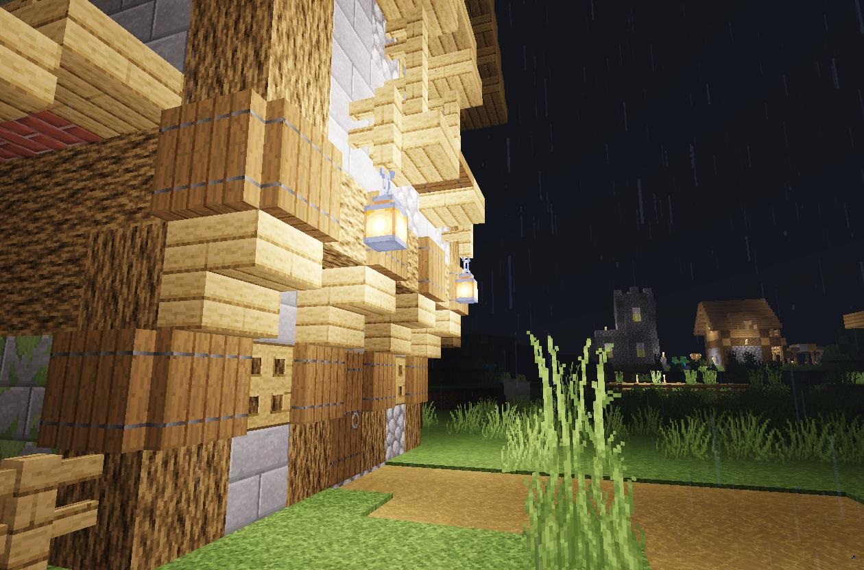 Ночной пейзаж в Minecraft с шейдерами, звёздное небо и огни