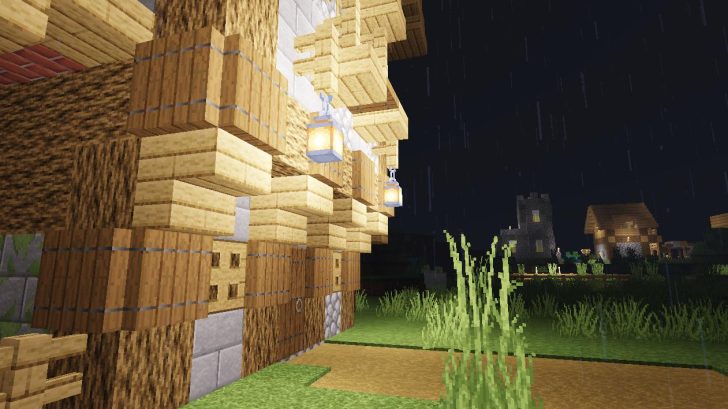 Ночной пейзаж в Minecraft с шейдерами, звёздное небо и огни факелов